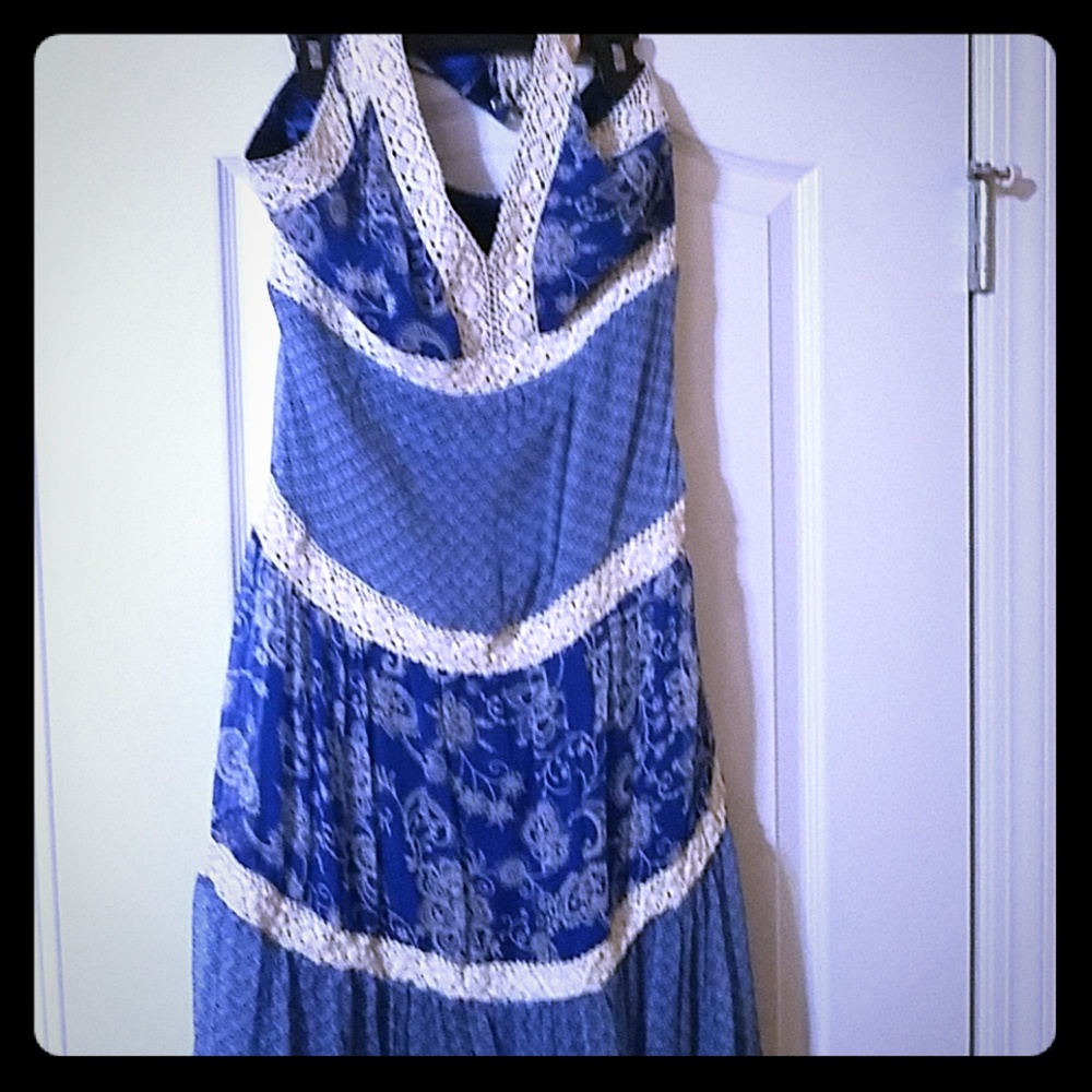 Long blue and white gypsy beach halter dress